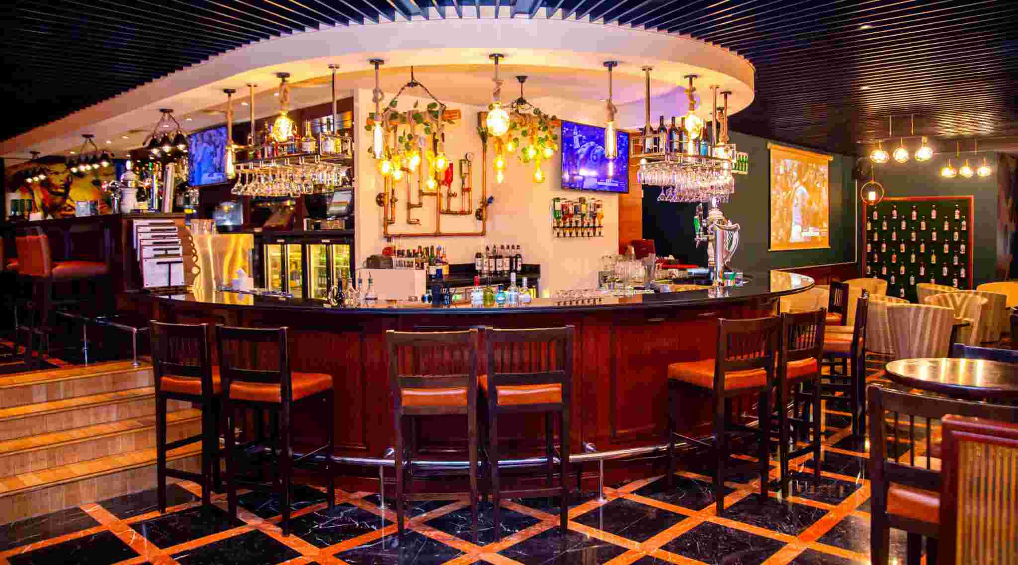 Interior of a bar with seating and lighting